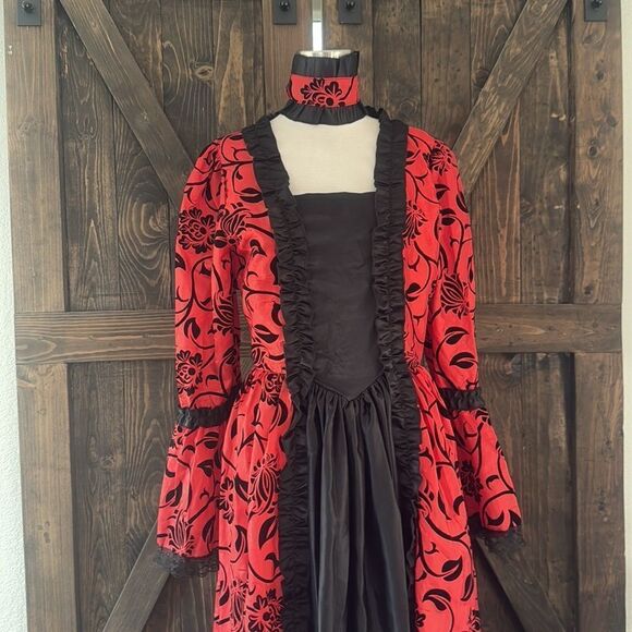 Victorian Dress Red Bow Floral Print Square Neckline Long Sleeves Matte - Picture 5 of 16